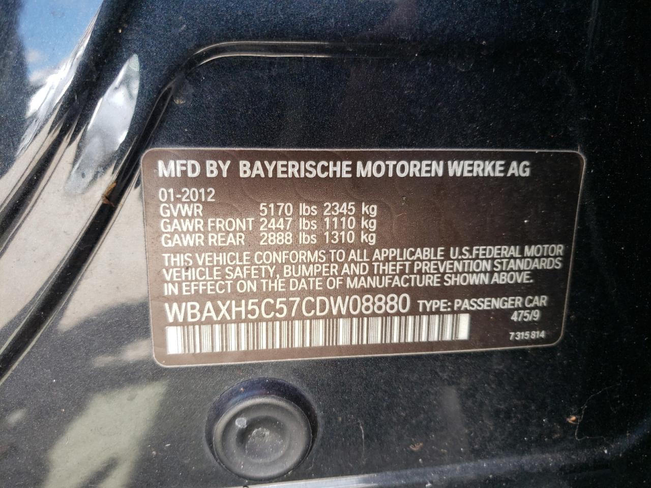 Photo 10 from auction – 2012 BMW 528 XI with VIN WBAXH5C57CDW08880