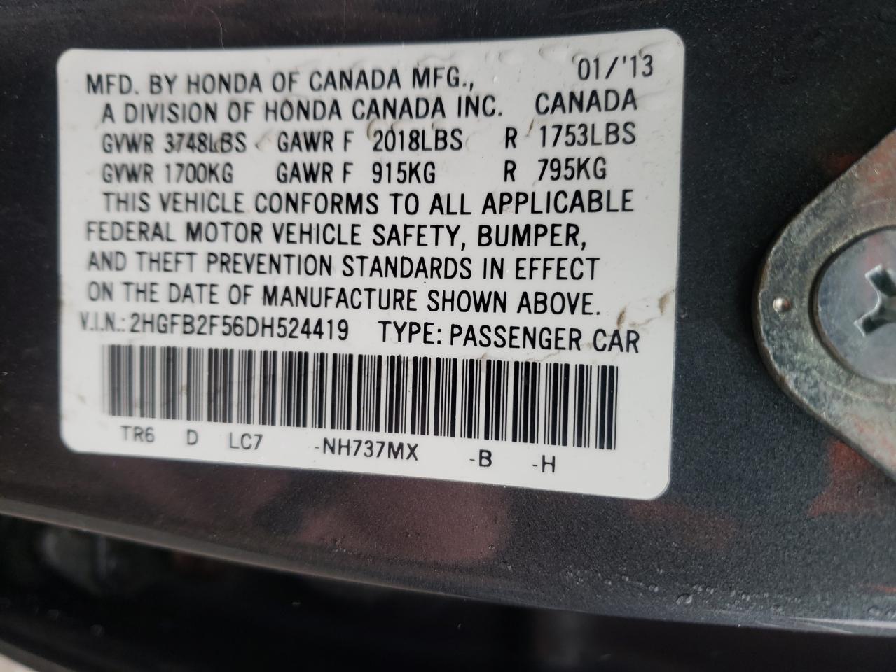 Photo 10 from auction – 2013 HONDA CIVIC LX with VIN 2HGFB2F56DH524419