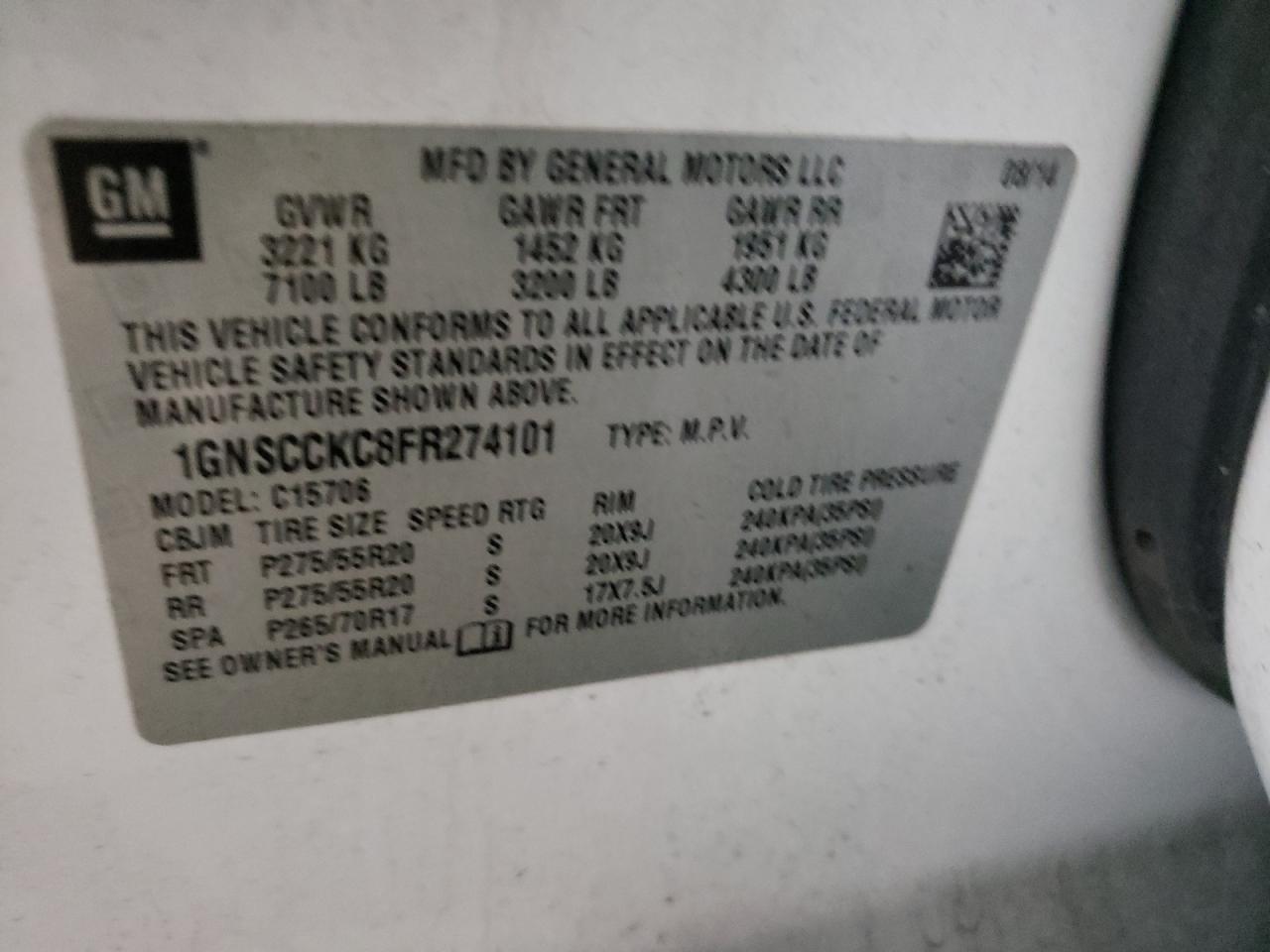 Photo 10 from auction – 2015 CHEVROLET TAHOE C150 with VIN 1GNSCCKC8FR274101