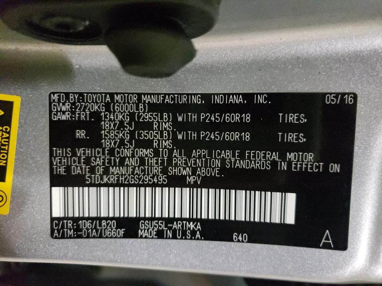 Photo 10 from auction – 2016 TOYOTA HIGHLANDER with VIN 5TDJKRFH2GS295495
