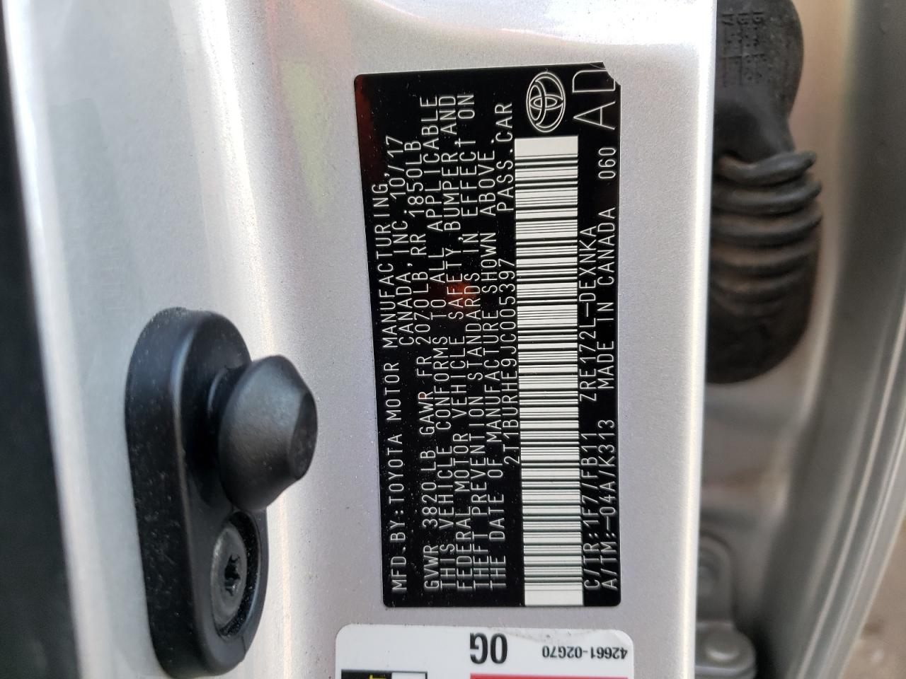 Photo 10 from auction – 2018 TOYOTA COROLLA L with VIN 2T1BURHE9JC005397
