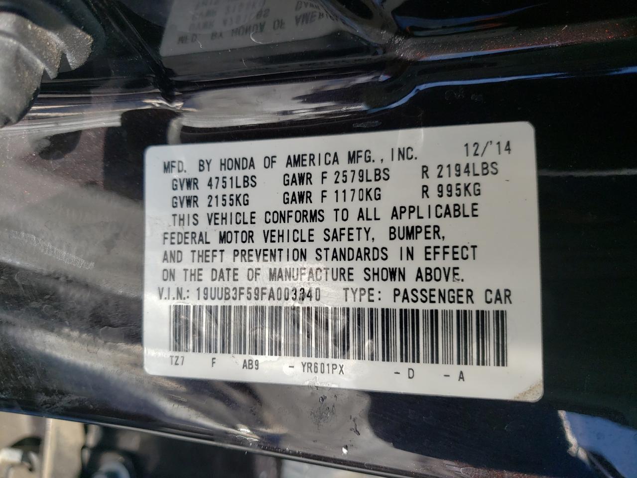 Photo 10 from auction – 2015 ACURA TLX TECH with VIN 19UUB3F59FA003340