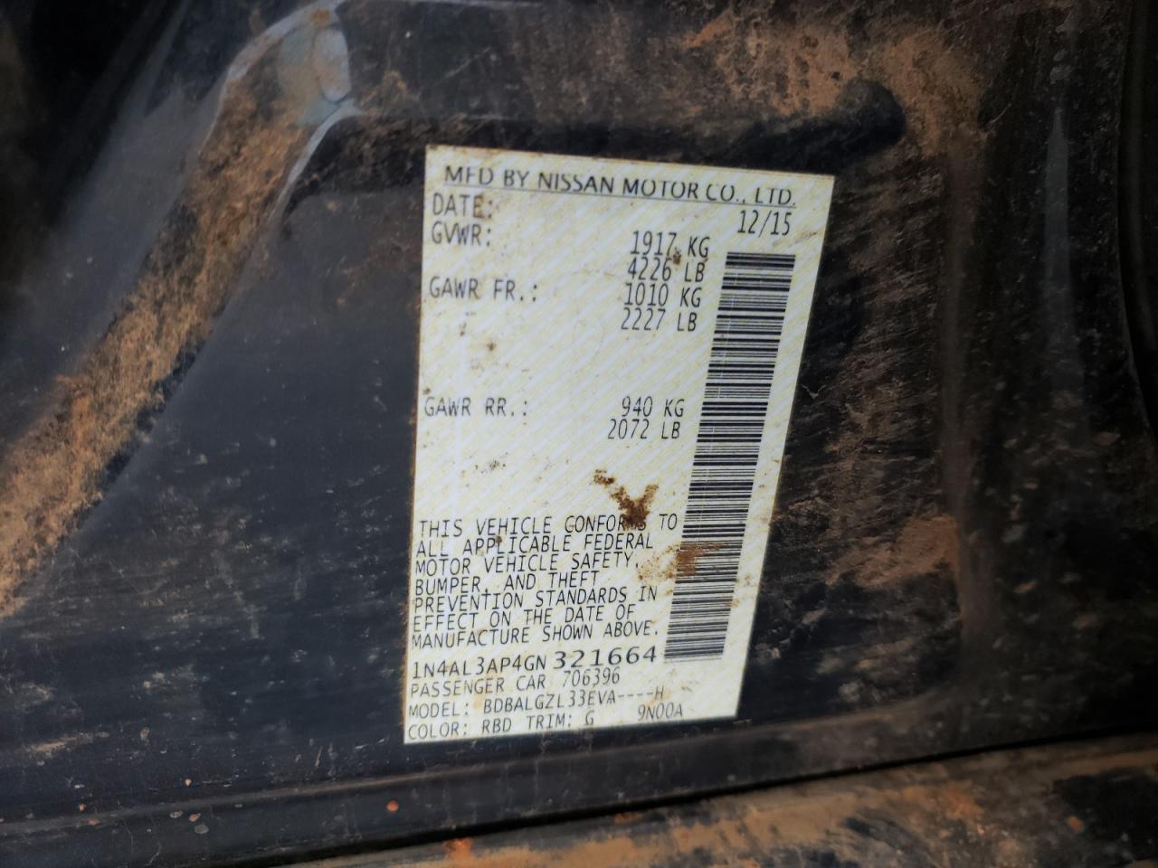 Photo 10 from auction – 2016 NISSAN ALTIMA 2.5 with VIN 1N4AL3AP4GN321664