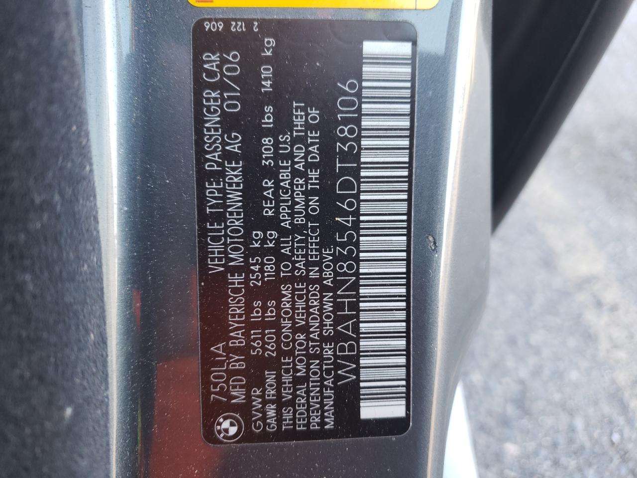 Photo 10 from auction – 2006 BMW 750 LI with VIN WBAHN83546DT38106