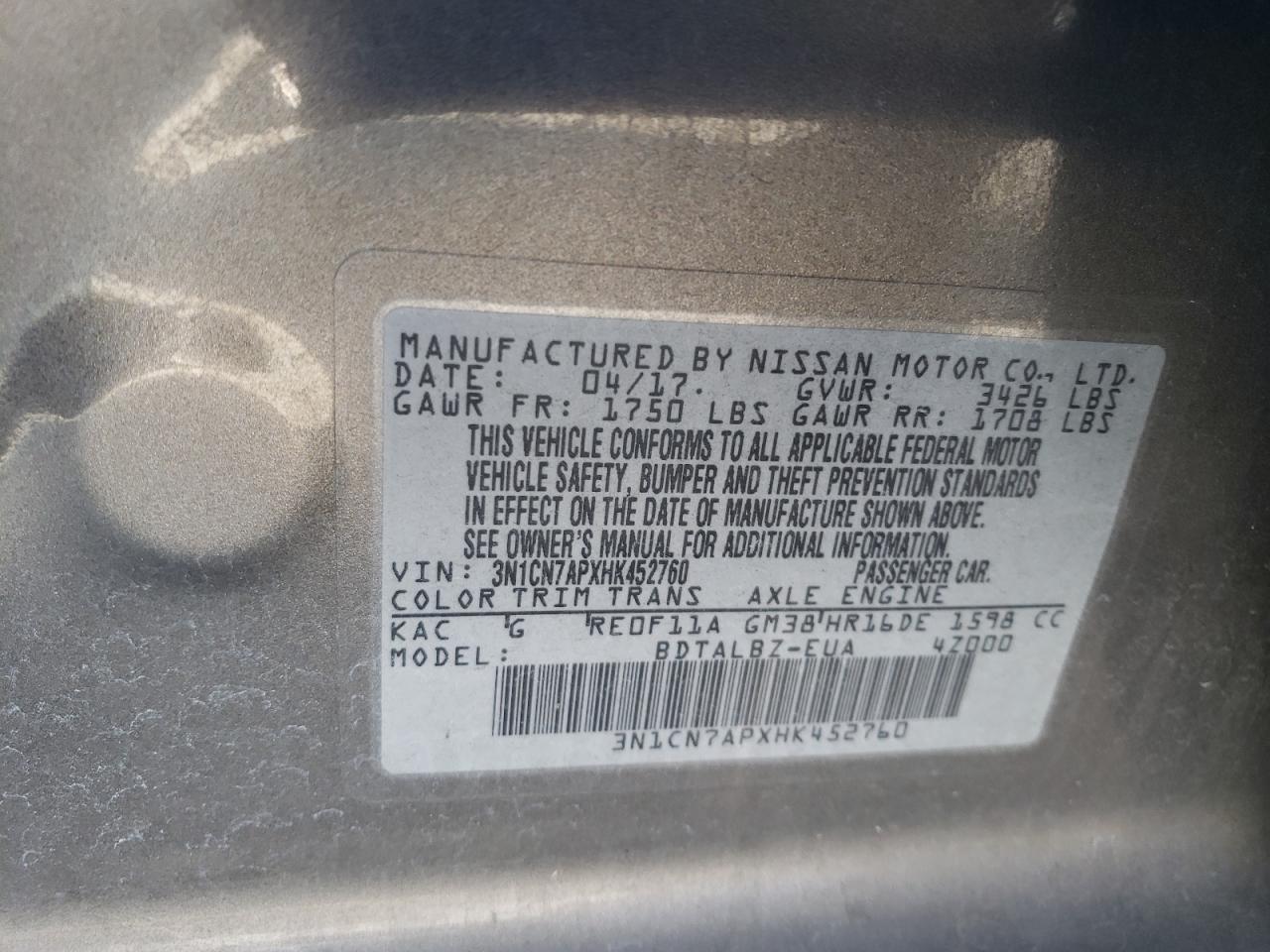 Photo 10 from auction – 2017 NISSAN VERSA S with VIN 3N1CN7APXHK452760