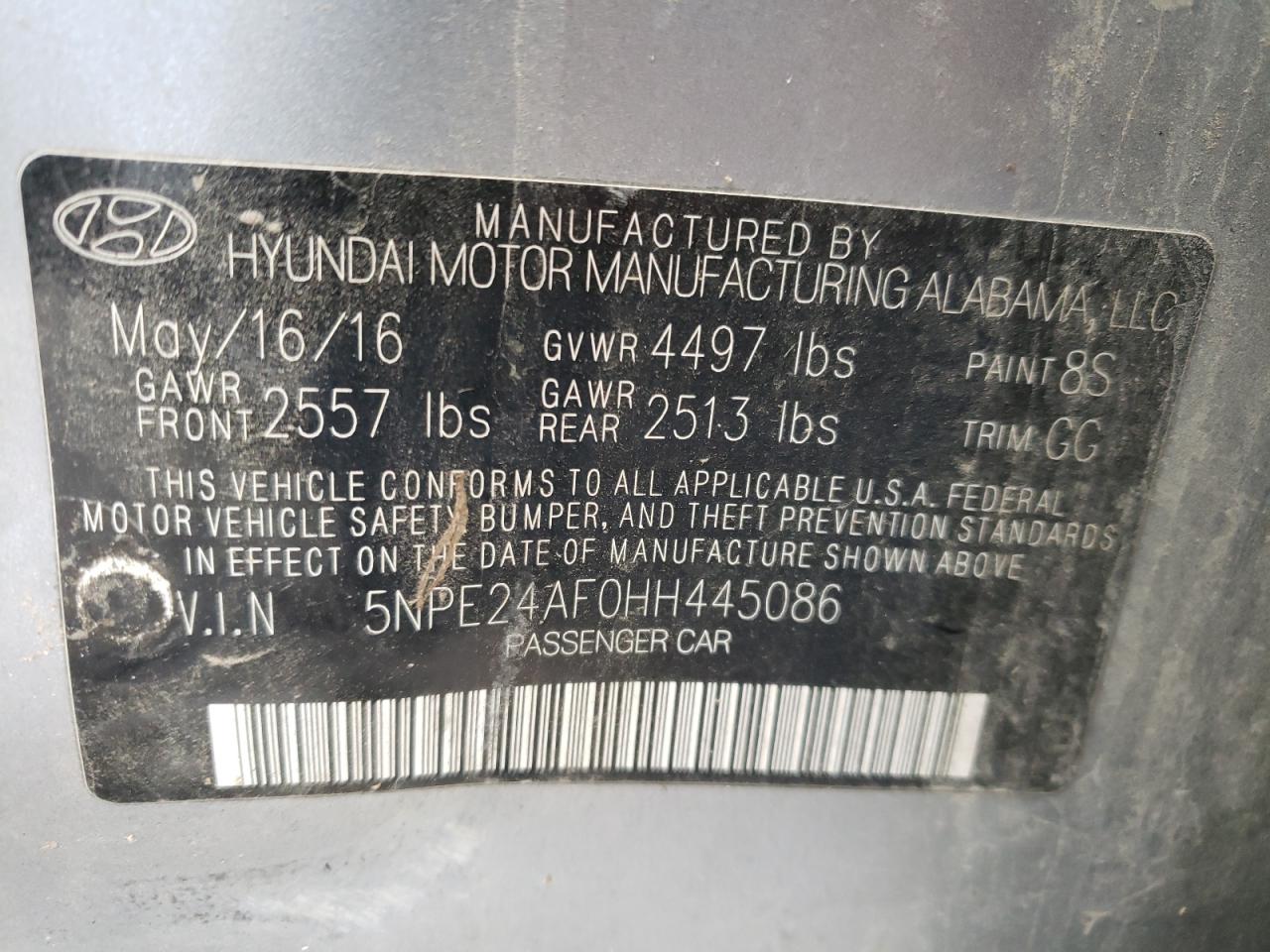 Photo 10 from auction – 2017 HYUNDAI SONATA SE with VIN 5NPE24AF0HH445086