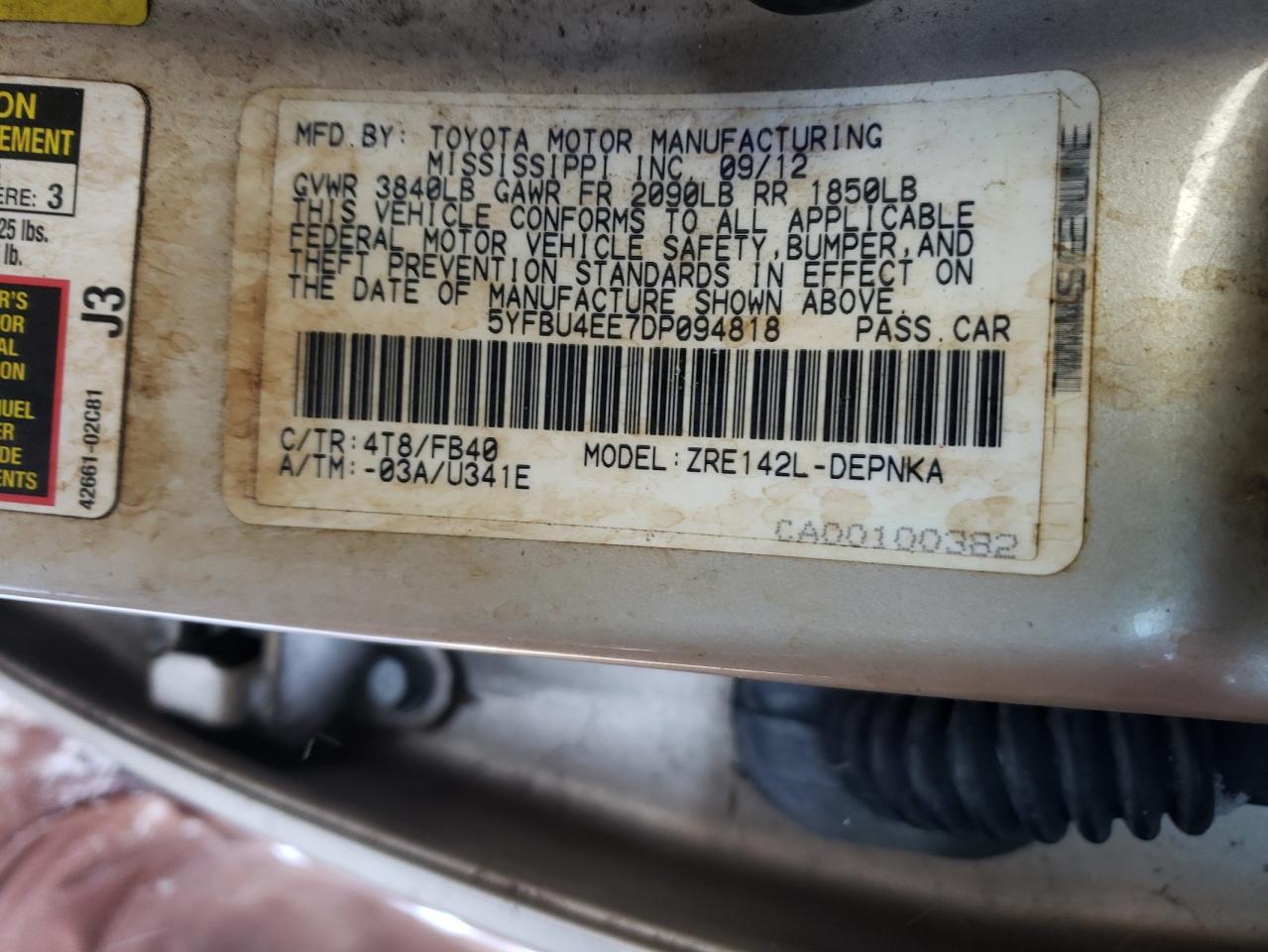 Photo 10 from auction – 2013 TOYOTA COROLLA BA with VIN 5YFBU4EE7DP094818