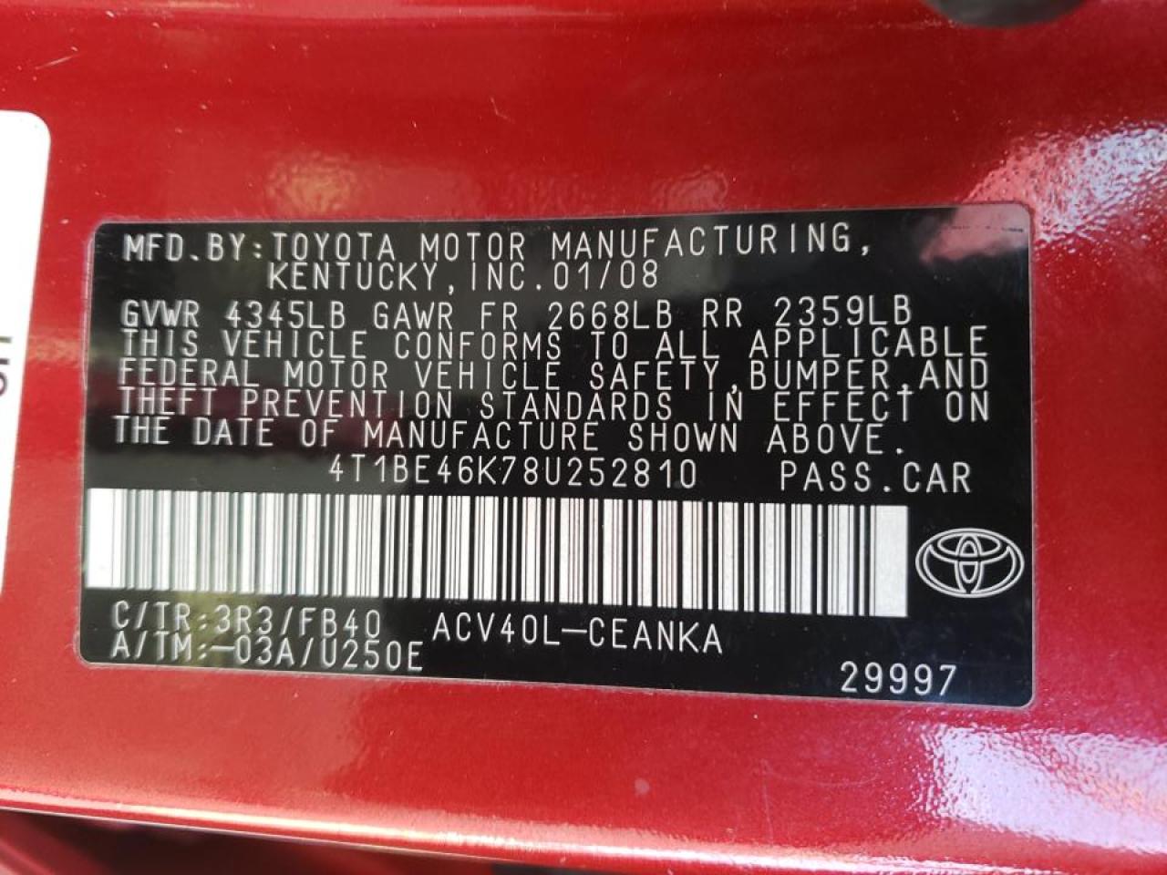 Photo 10 from auction – 2008 TOYOTA CAMRY CE with VIN 4T1BE46K78U252810