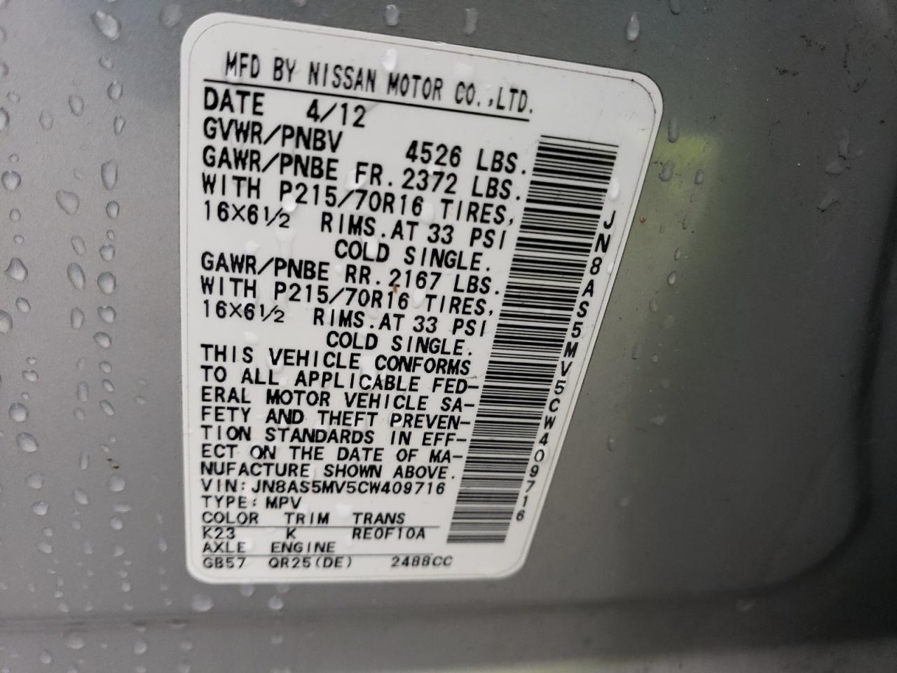 Photo 10 from auction – 2012 NISSAN ROGUE S with VIN JN8AS5MV5CW409716