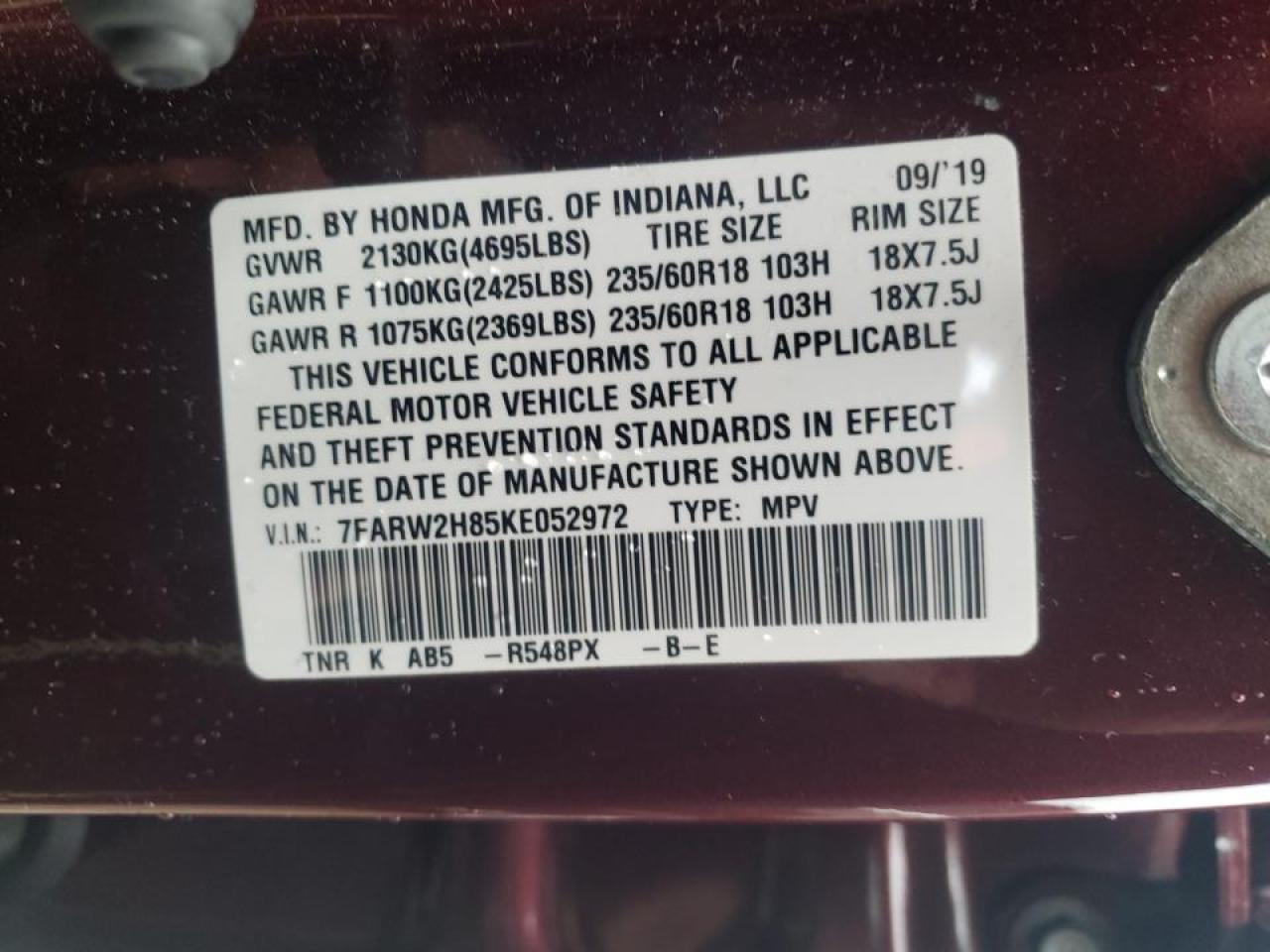 Photo 10 from auction – 2019 HONDA CR-V EXL with VIN 7FARW2H85KE052972