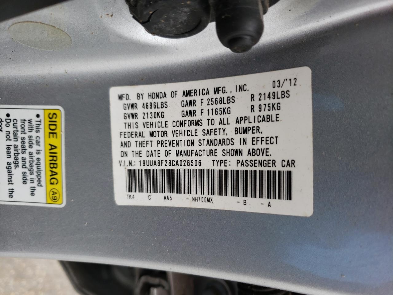 Photo 10 from auction – 2012 ACURA TL with VIN 19UUA8F28CA028506