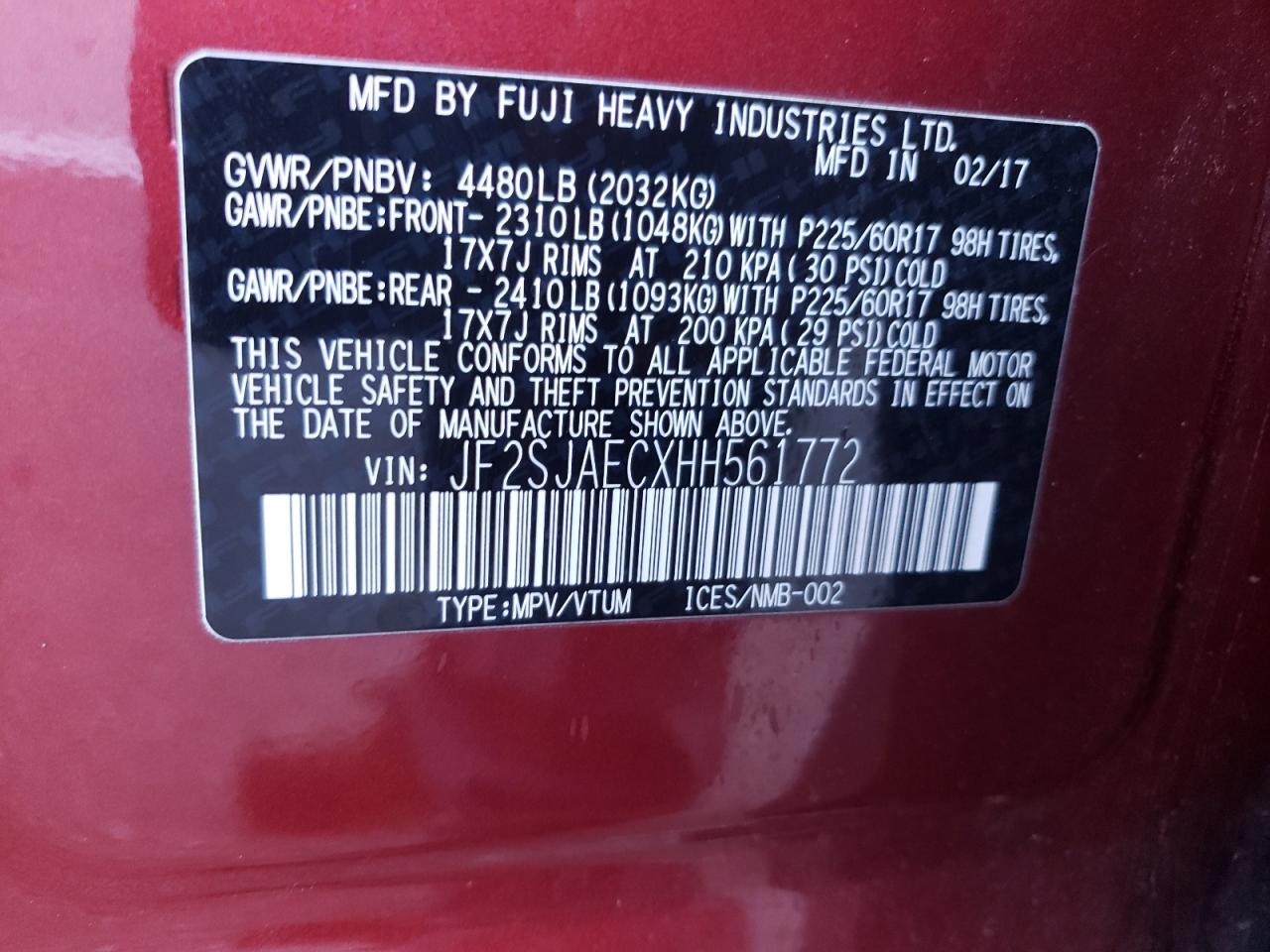 Photo 10 from auction – 2017 SUBARU FORESTER 2 with VIN JF2SJAECXHH561772