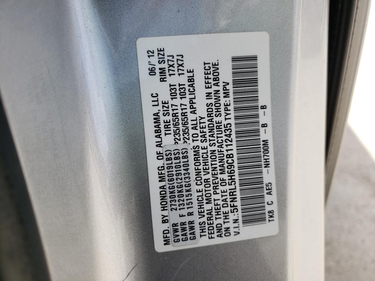 Photo 10 from auction – 2012 HONDA ODYSSEY EX with VIN 5FNRL5H69CB112435