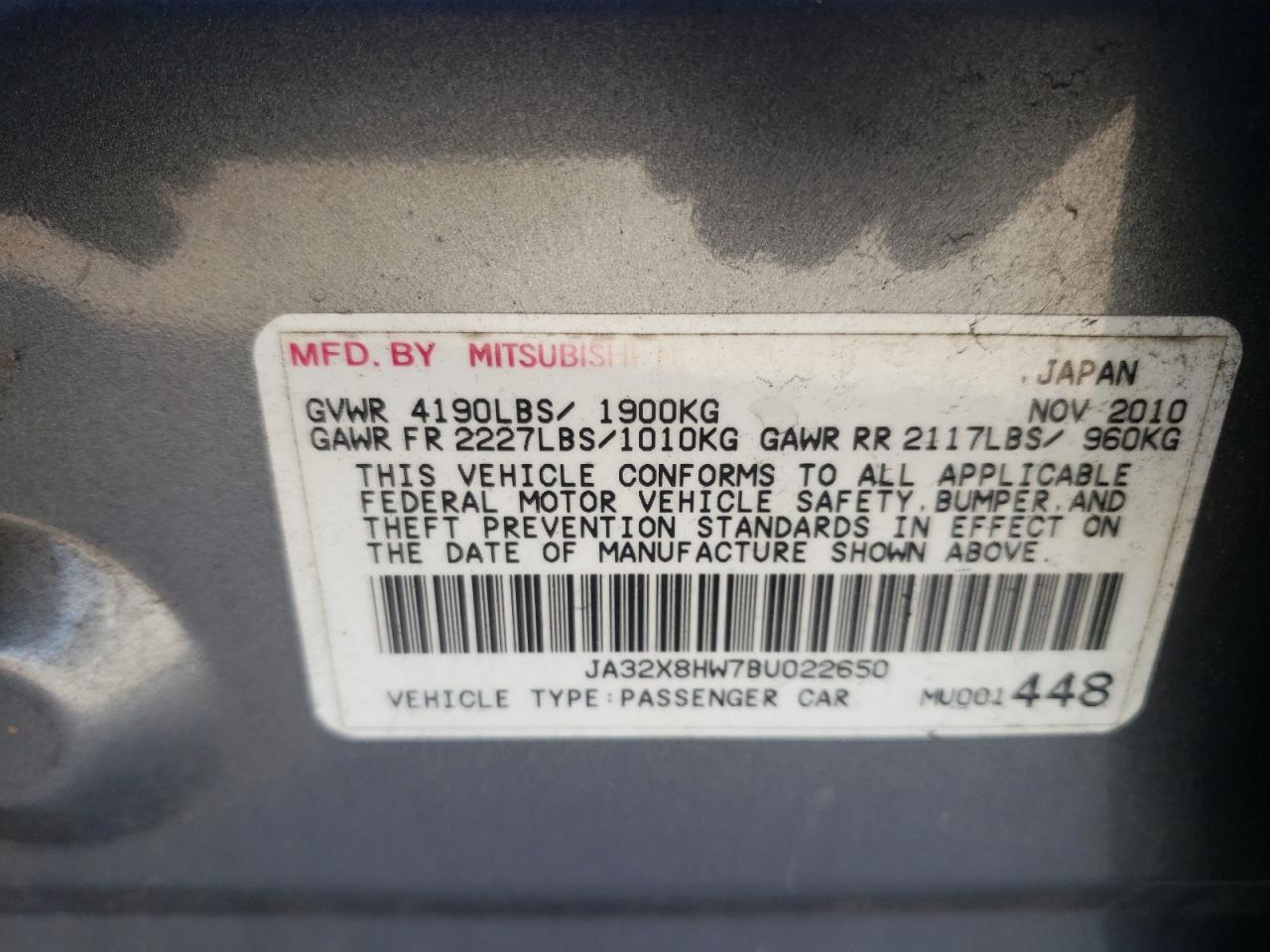 Photo 10 from auction – 2011 MITSUBISHI LANCER GTS with VIN JA32X8HW7BU022650