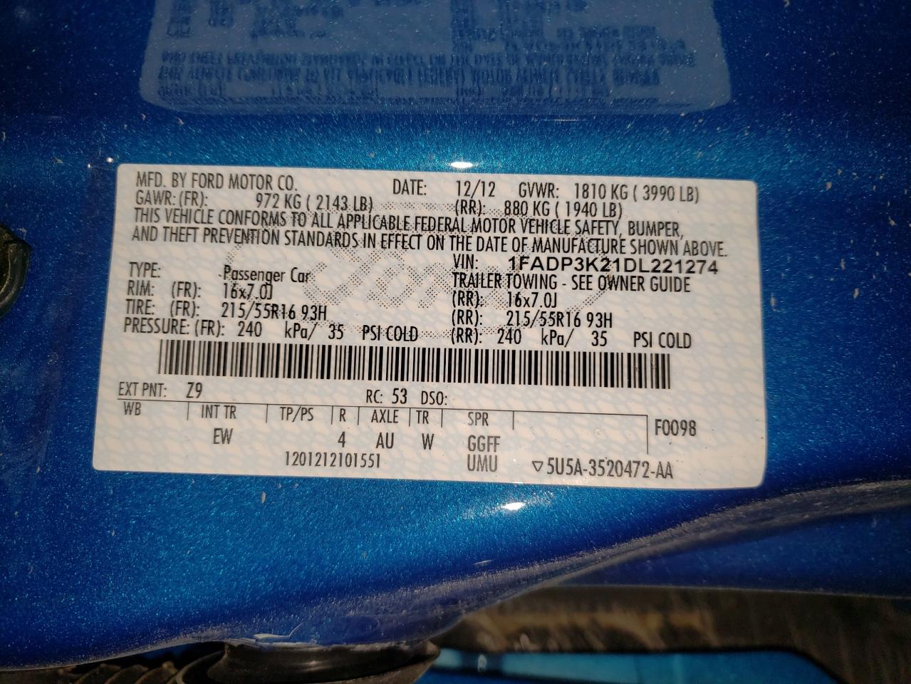 Photo 10 from auction – 2013 FORD FOCUS SE with VIN 1FADP3K21DL221274