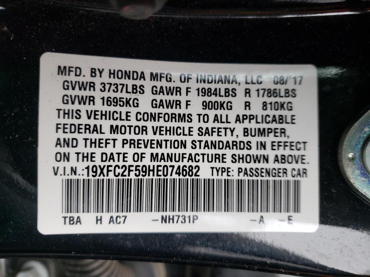 Photo 10 from auction – 2017 HONDA CIVIC LX with VIN 19XFC2F59HE074682