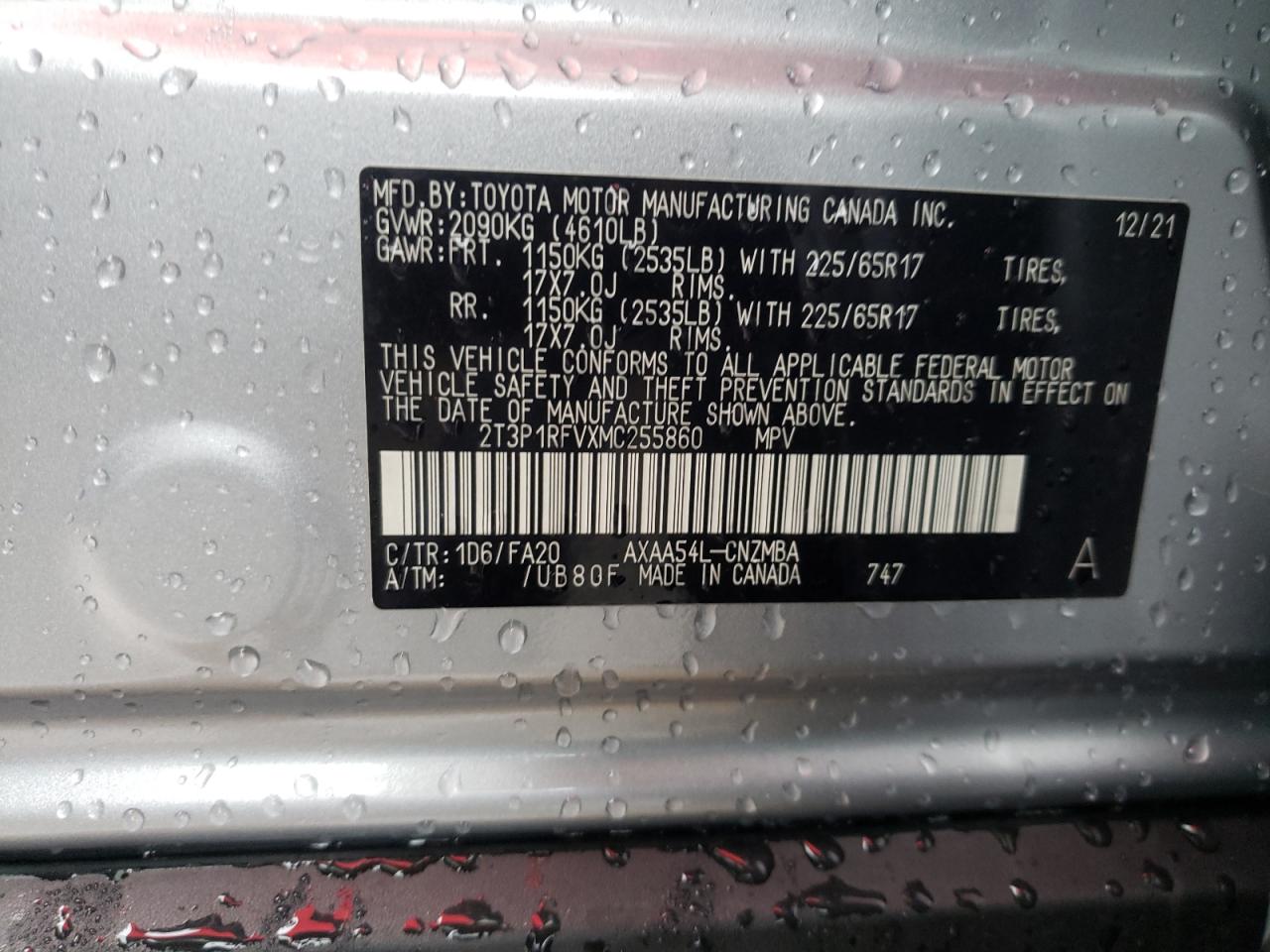 Photo 10 from auction – 2021 TOYOTA RAV4 XLE with VIN 2T3P1RFVXMC255860