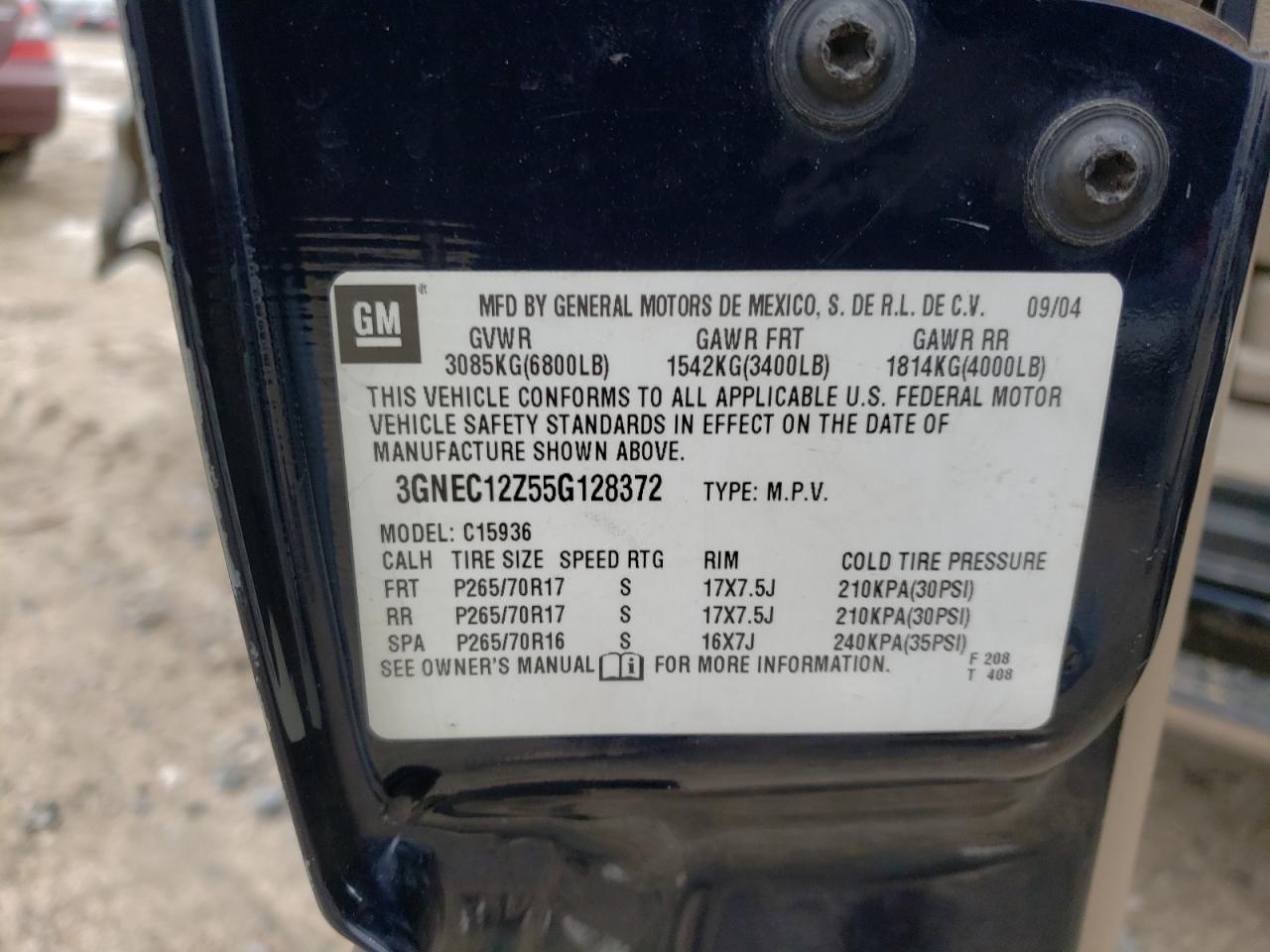 Photo 10 from auction – 2005 CHEVROLET AVALANCHE with VIN 3GNEC12Z55G128372