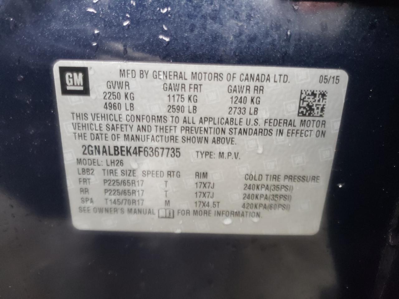 Photo 10 from auction – 2015 CHEVROLET EQUINOX LT with VIN 2GNALBEK4F6367735