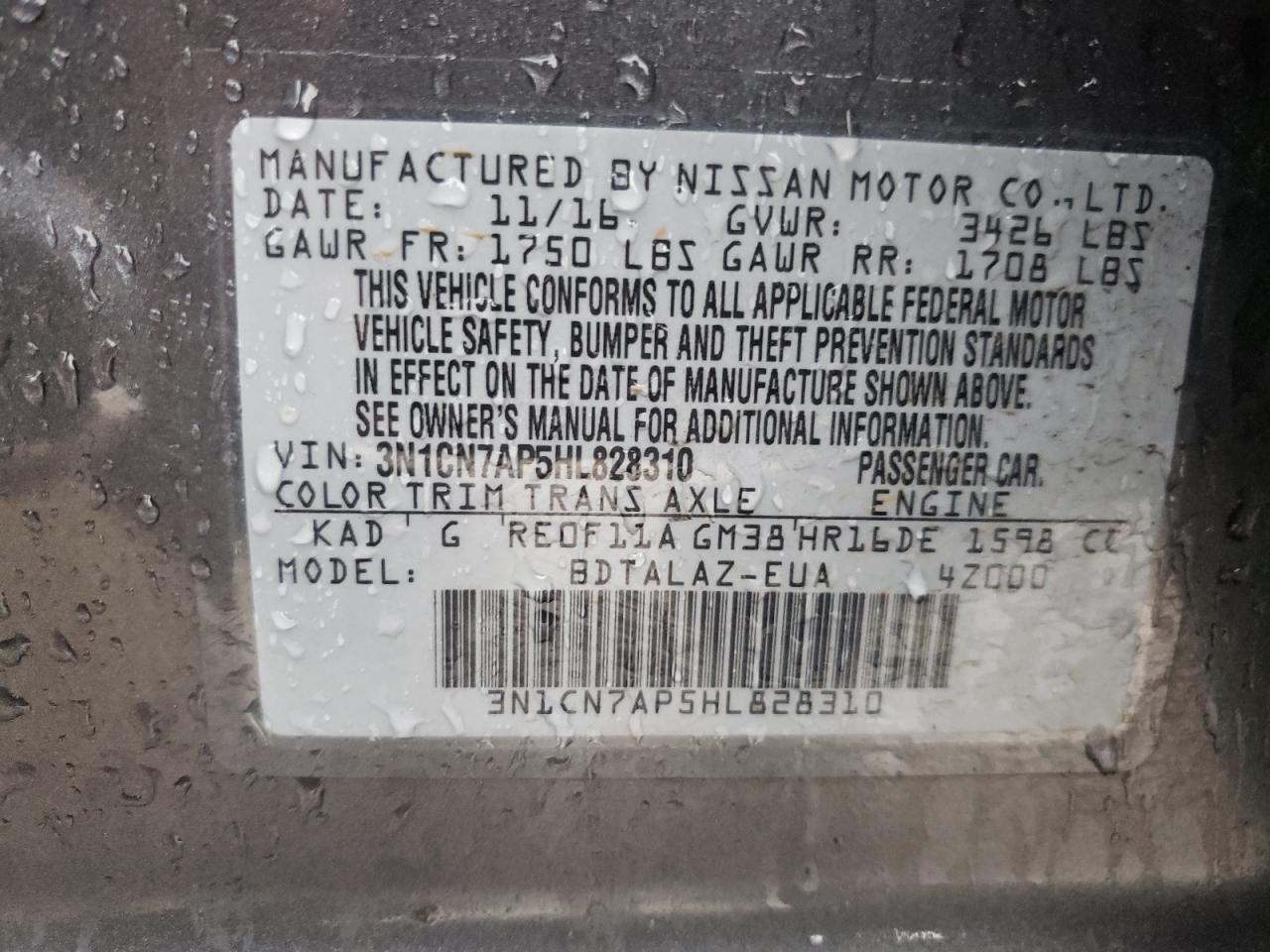Photo 10 from auction – 2017 NISSAN VERSA S with VIN 3N1CN7AP5HL828310