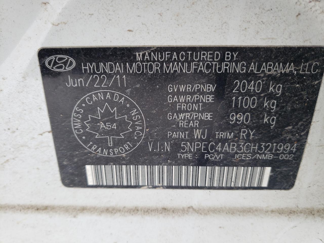 Фото 10 с аукциона – 2012 HYUNDAI SONATA SE с VIN 5NPEC4AB3CH321994