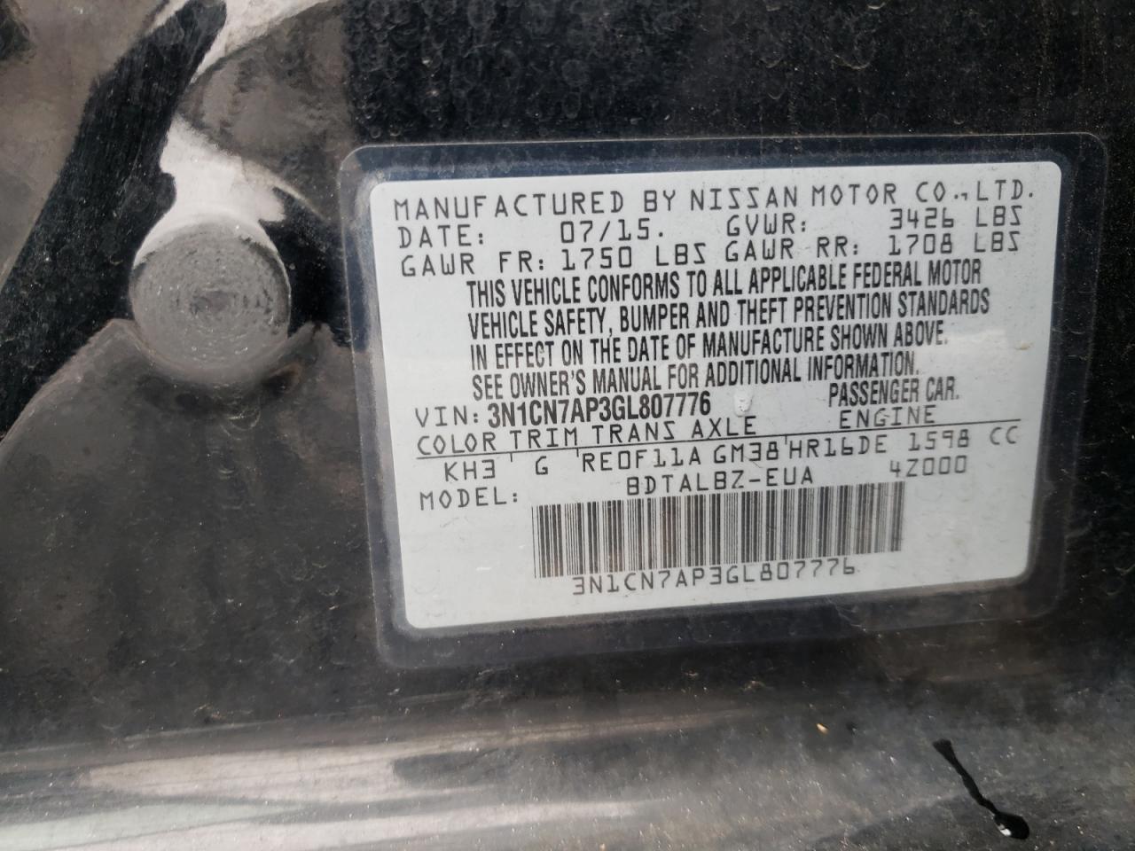 Photo 10 from auction – 2016 NISSAN VERSA S with VIN 3N1CN7AP3GL807776