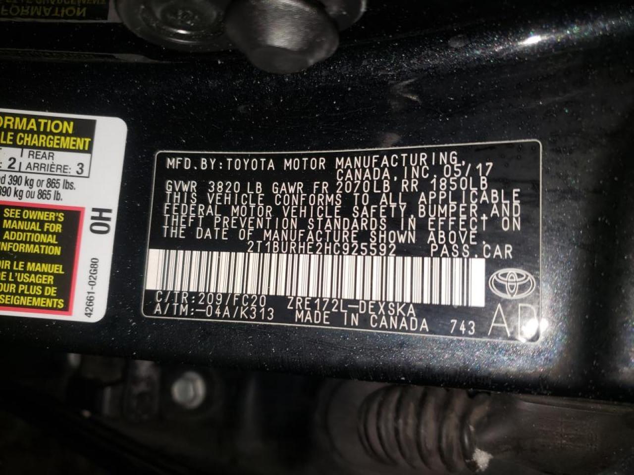Photo 10 from auction – 2017 TOYOTA COROLLA L with VIN 2T1BURHE2HC925592