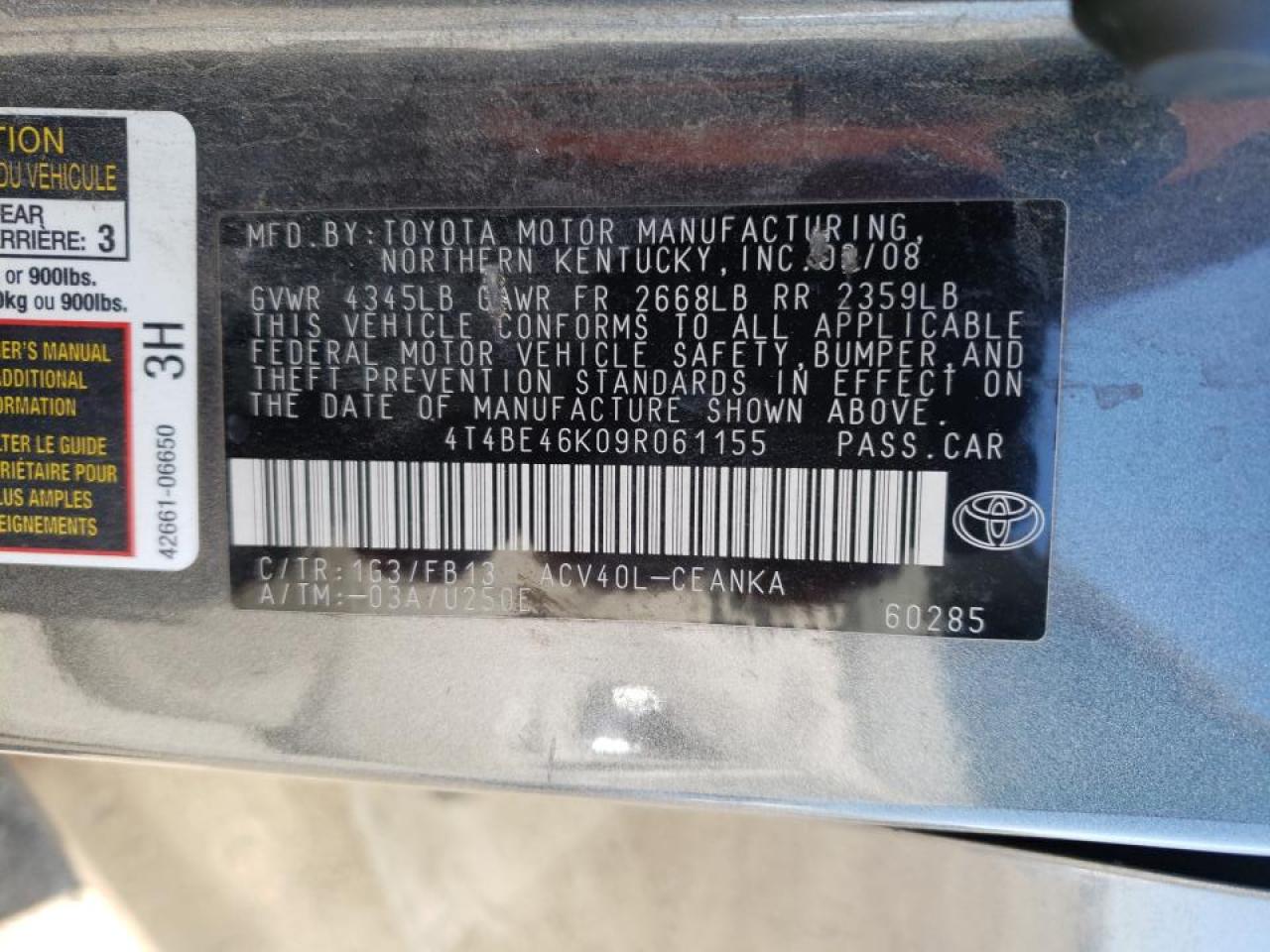 Photo 10 from auction – 2009 TOYOTA CAMRY BASE with VIN 4T4BE46K09R061155