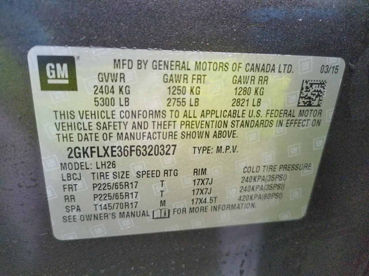 Photo 10 from auction – 2015 GMC TERRAIN SL with VIN 2GKFLXE36F6320327