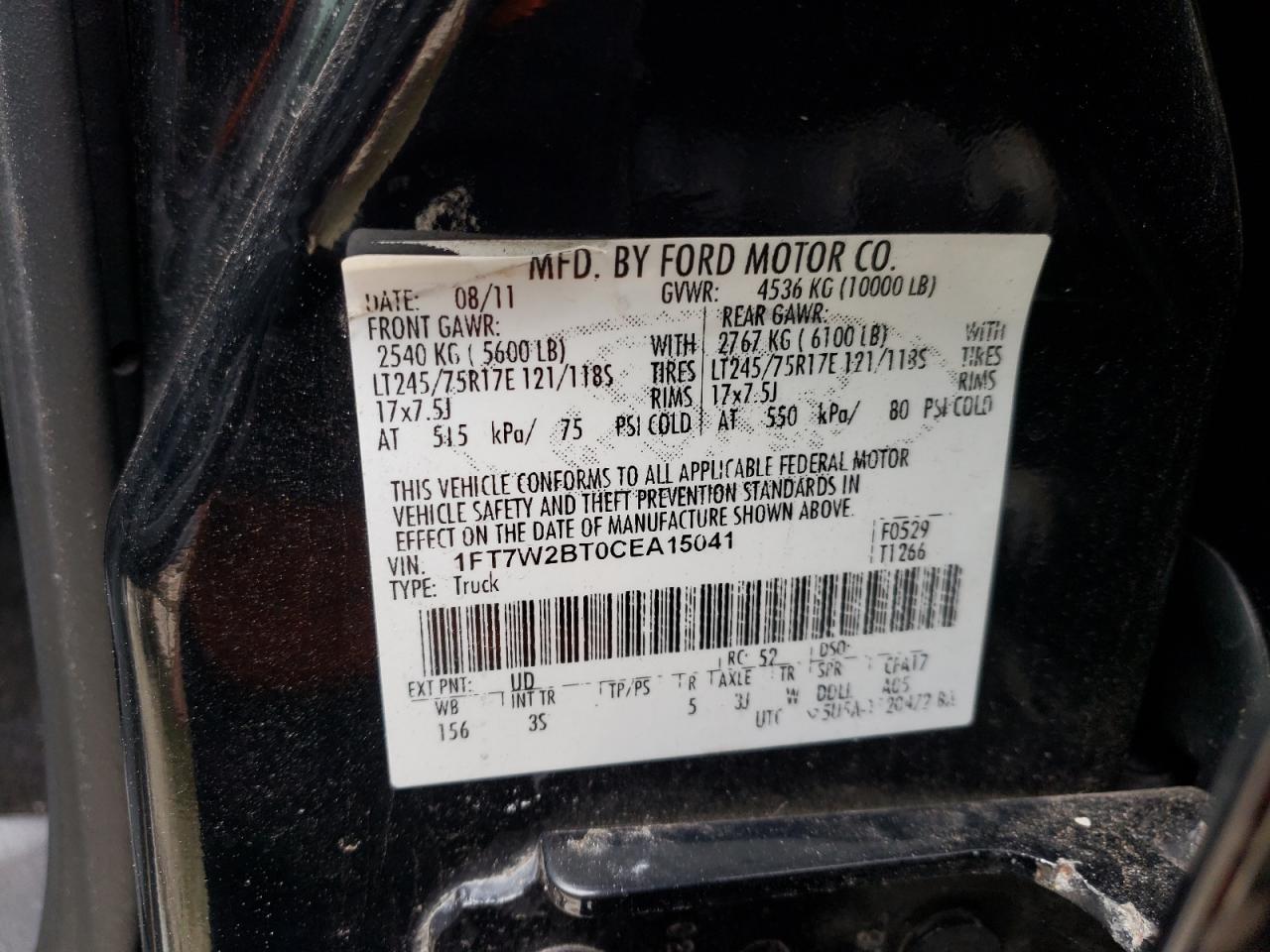 Photo 10 from auction – 2012 FORD F250 SUPER with VIN 1FT7W2BT0CEA15041