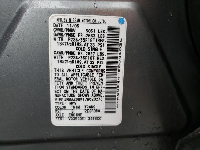 Photo 10 from auction – 2007 NISSAN MURANO SL with VIN JN8AZ08W17W620273