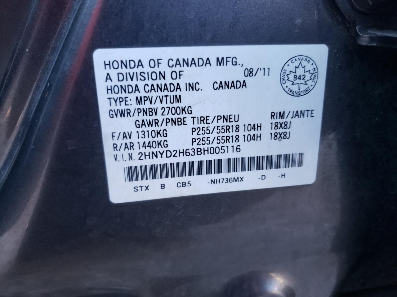 Photo 10 from auction – 2011 ACURA MDX TECHNO with VIN 2HNYD2H63BH005116