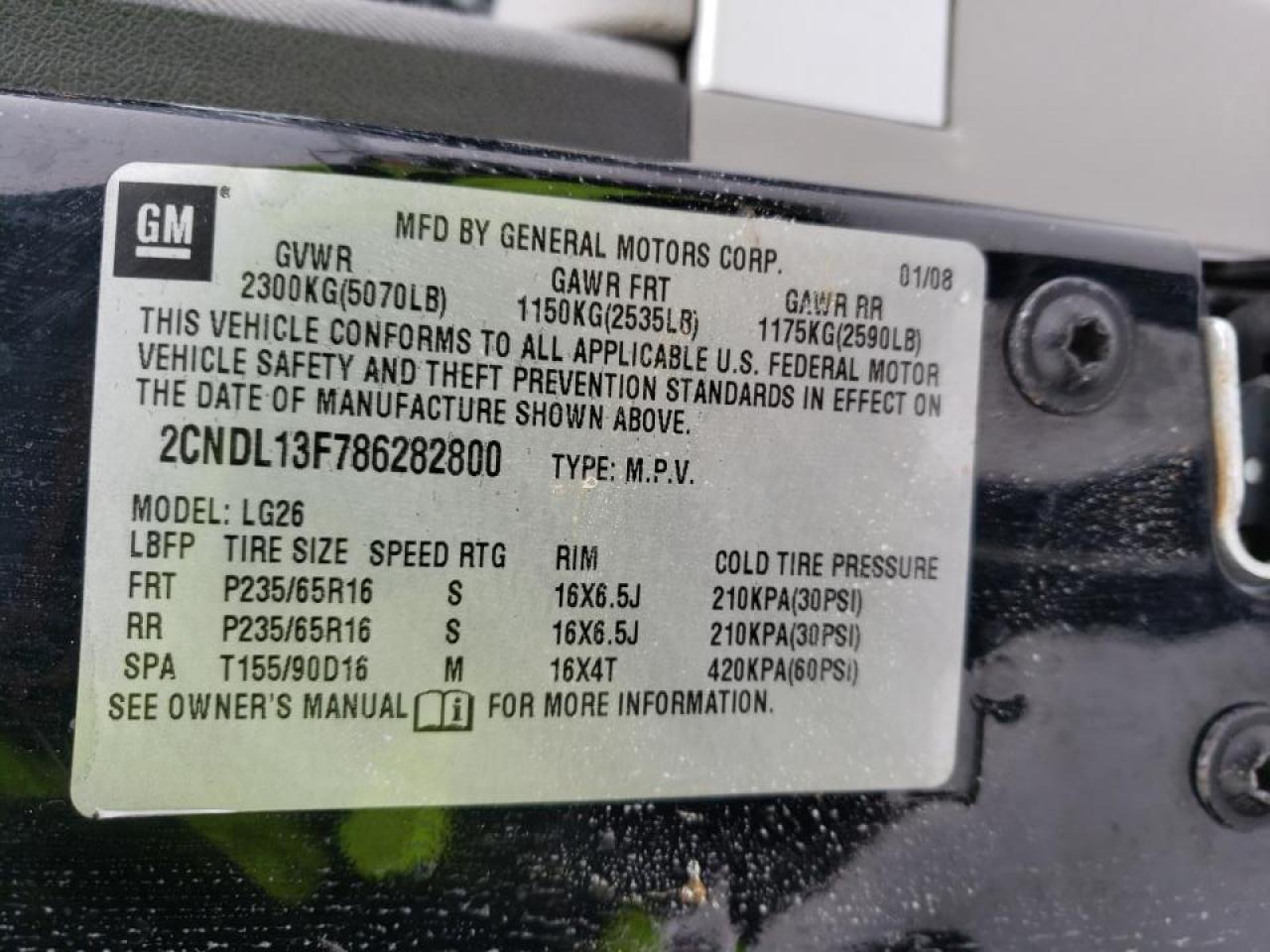 Photo 10 from auction – 2008 CHEVROLET EQUINOX LS with VIN 2CNDL13F786282800