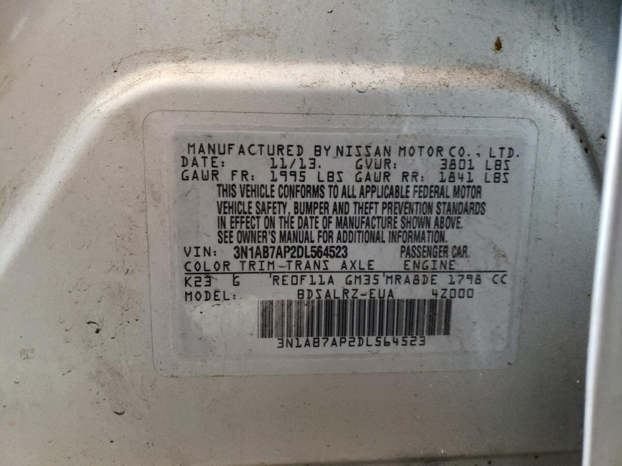 Photo 10 from auction – 2013 NISSAN SENTRA S with VIN 3N1AB7AP2DL564523