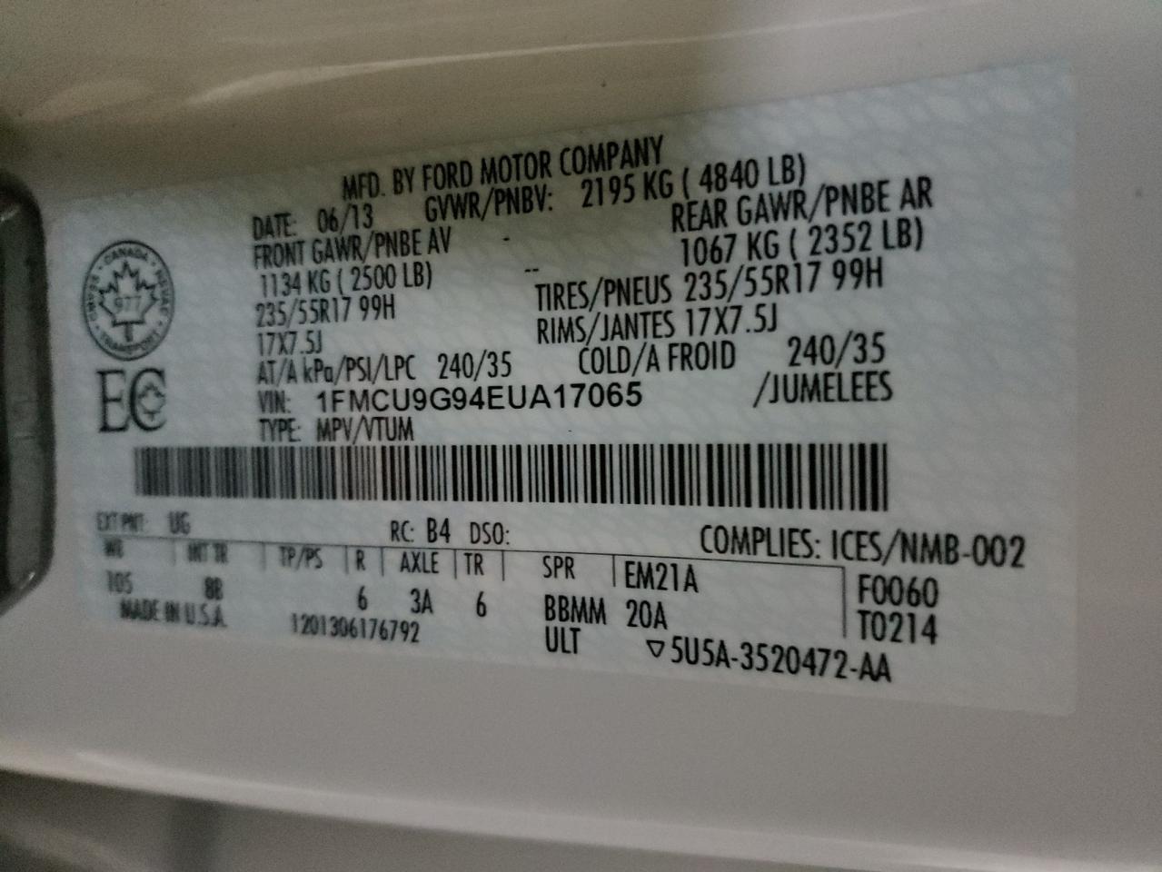 Photo 10 from auction – 2014 FORD ESCAPE SE with VIN 1FMCU9G94EUA17065