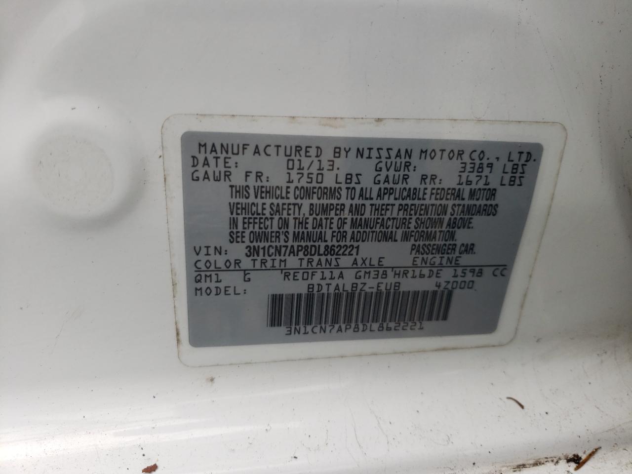 Photo 10 from auction – 2013 NISSAN VERSA S with VIN 3N1CN7AP8DL862221