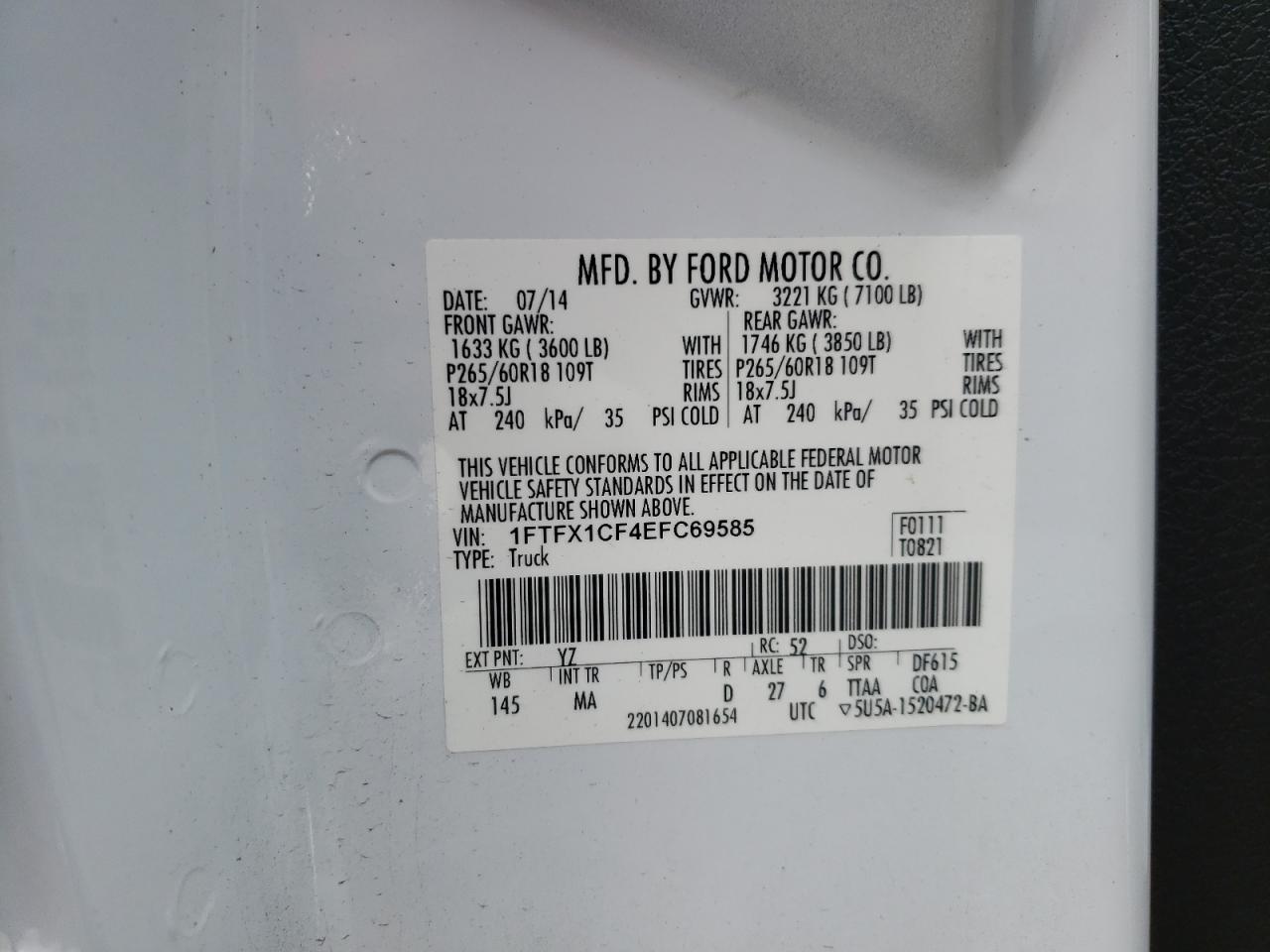 Фото 10 с аукциона – 2014 FORD F150 SUPER с VIN 1FTFX1CF4EFC69585