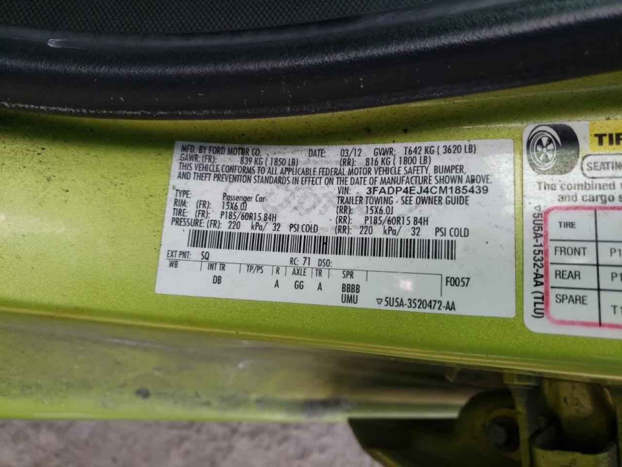 Photo 10 from auction – 2012 FORD FIESTA SE with VIN 3FADP4EJ4CM185439