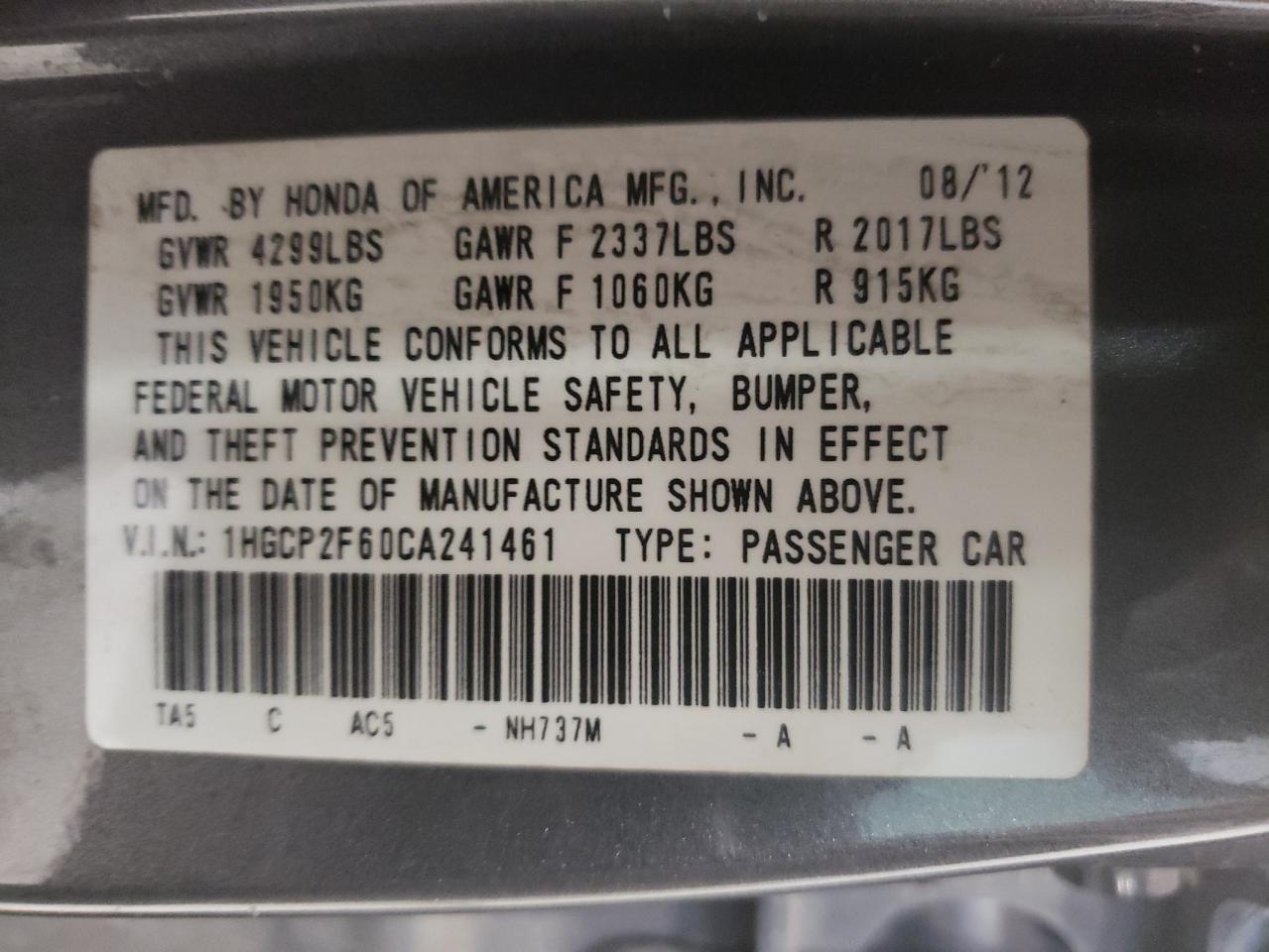 Photo 10 from auction – 2012 HONDA ACCORD SE with VIN 1HGCP2F60CA241461
