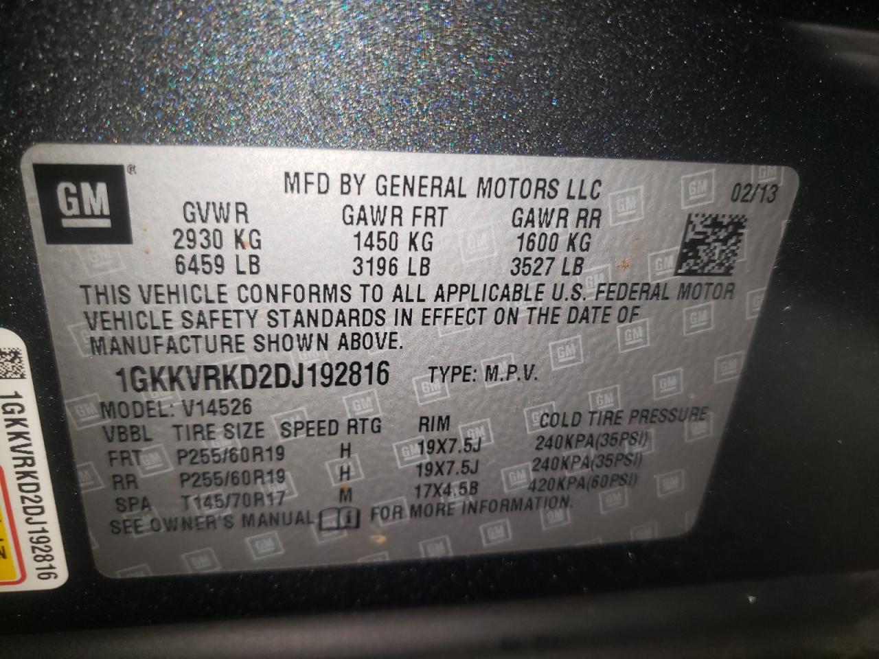 Photo 10 from auction – 2013 GMC ACADIA SLT with VIN 1GKKVRKD2DJ192816