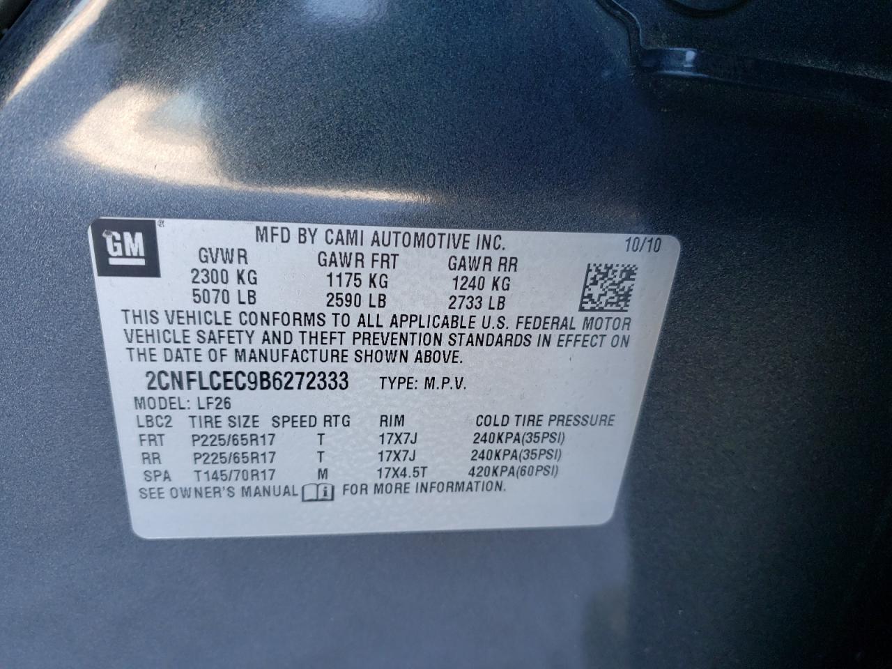Photo 10 from auction – 2011 CHEVROLET EQUINOX LS with VIN 2CNFLCEC9B6272333