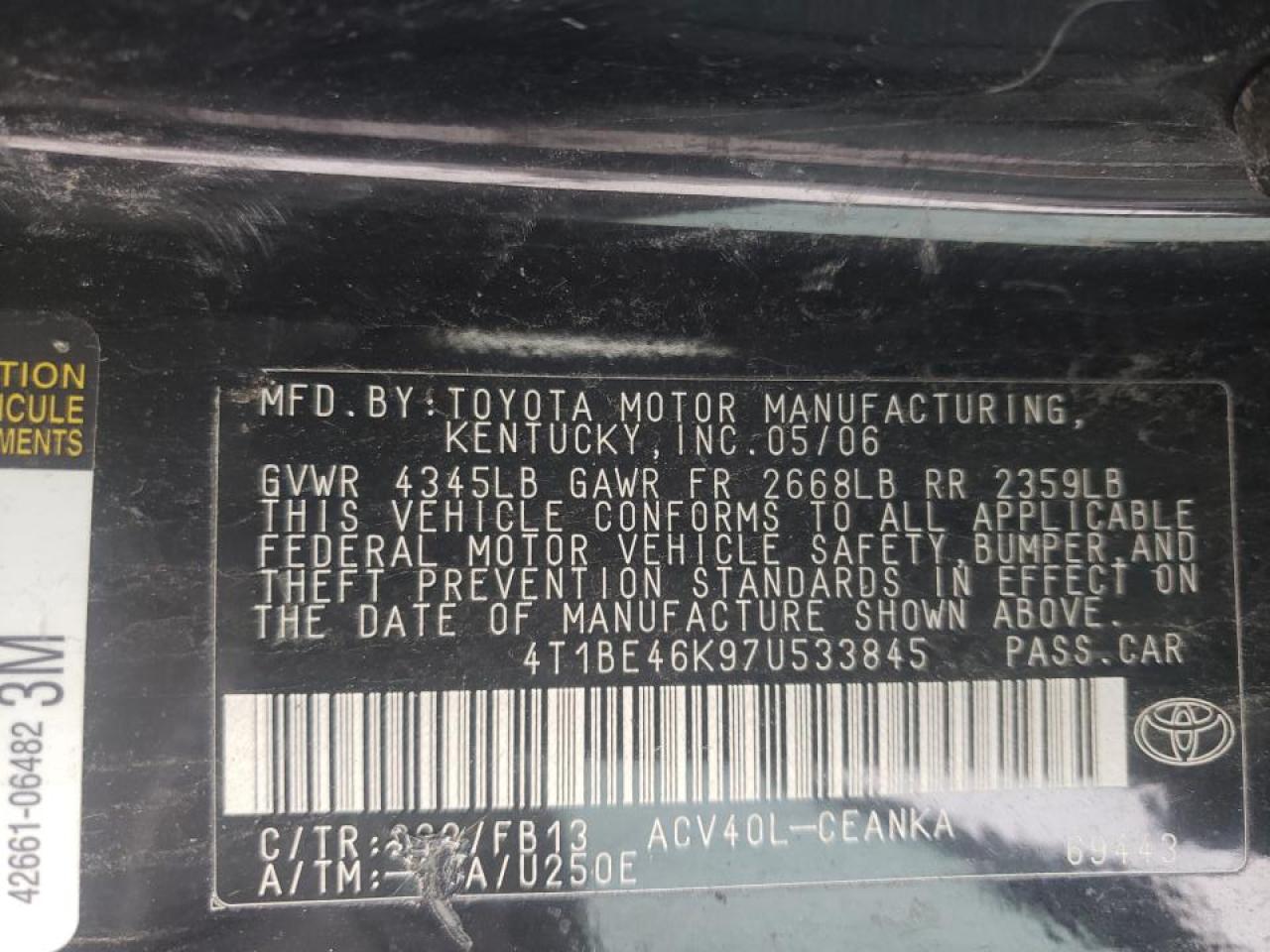 Photo 10 from auction – 2007 TOYOTA CAMRY CE with VIN 4T1BE46K97U533845