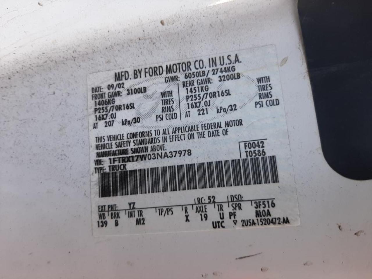 Photo 10 from auction – 2003 FORD F150 with VIN 1FTRX17W03NA37978
