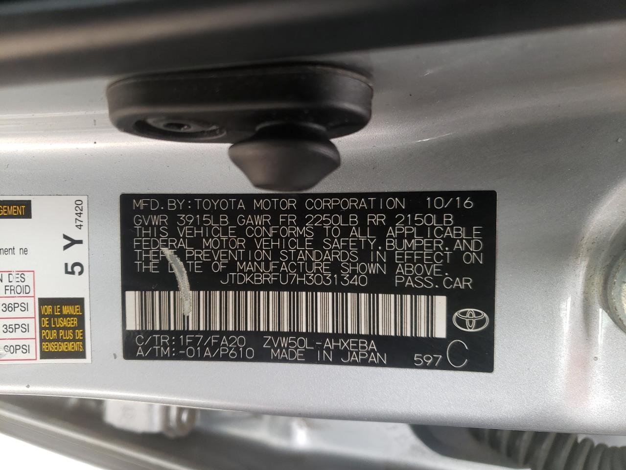 Photo 10 from auction – 2017 TOYOTA PRIUS with VIN JTDKBRFU7H3031340