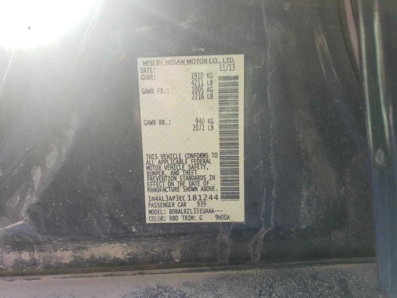 Photo 10 from auction – 2014 NISSAN ALTIMA 2.5 with VIN 1N4AL3AP3EC181244