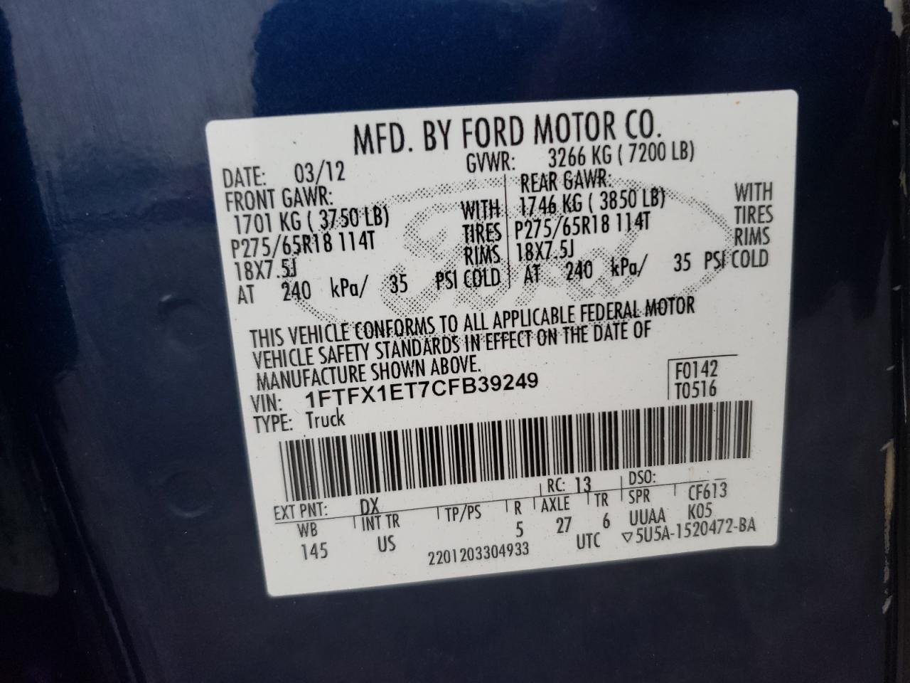Photo 10 from auction – 2012 FORD F150 SUPER with VIN 1FTFX1ET7CFB39249