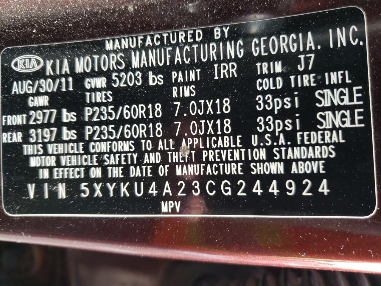 Photo 10 from auction – 2012 KIA SORENTO EX with VIN 5XYKU4A23CG244924