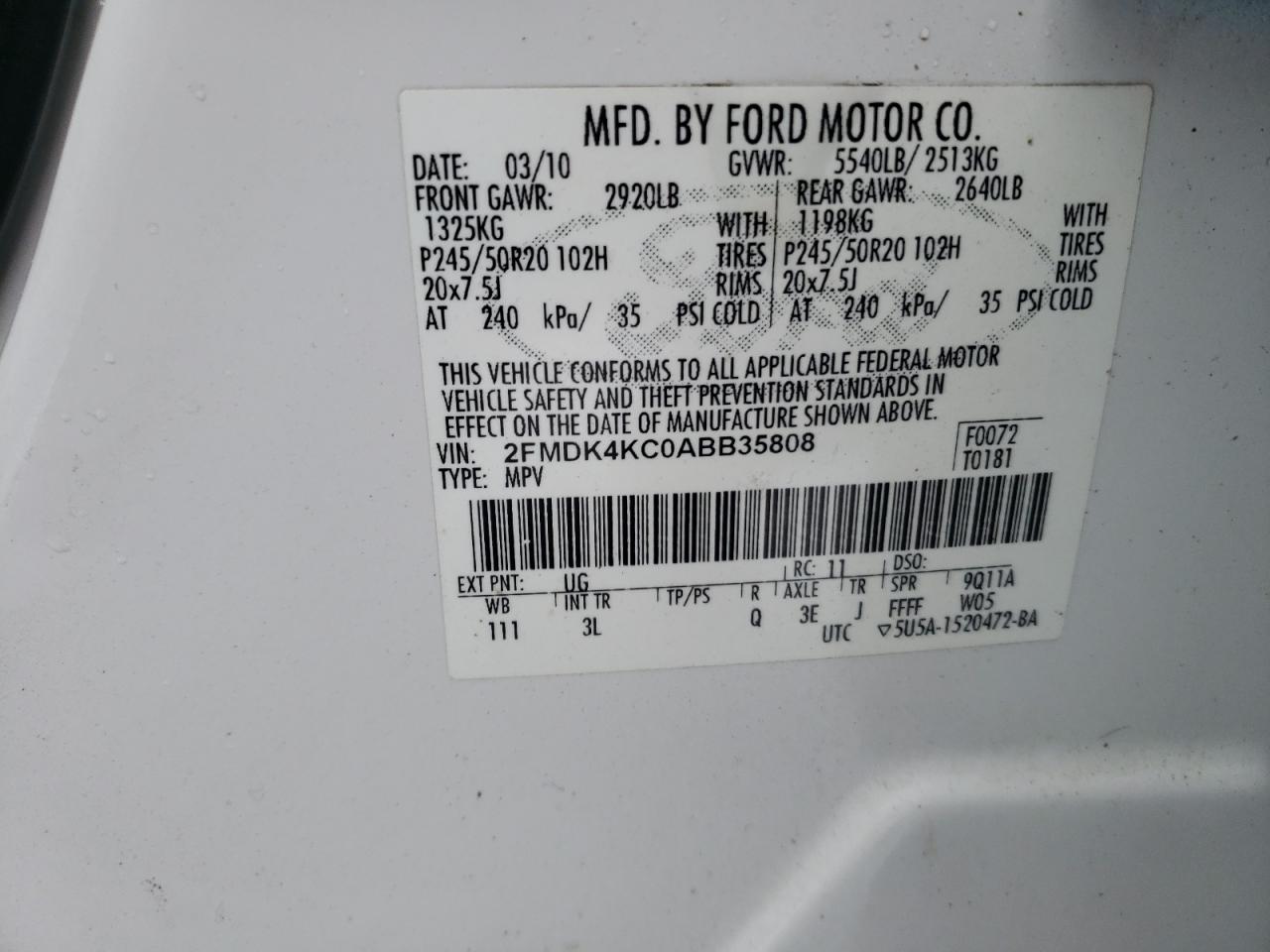 Photo 10 from auction – 2010 FORD EDGE LIMIT with VIN 2FMDK4KC0ABB35808