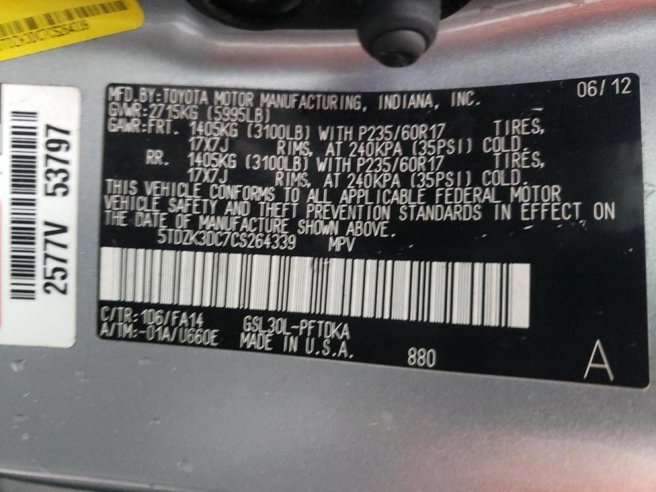 Photo 10 from auction – 2012 TOYOTA SIENNA with VIN 5TDZK3DC7CS264339