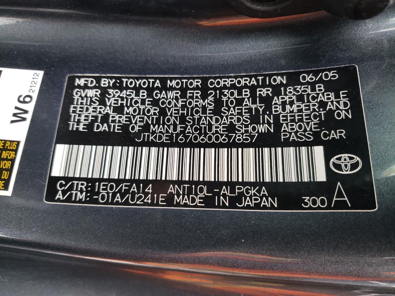 Photo 10 from auction – 2006 TOYOTA SCION TC with VIN JTKDE167060067857